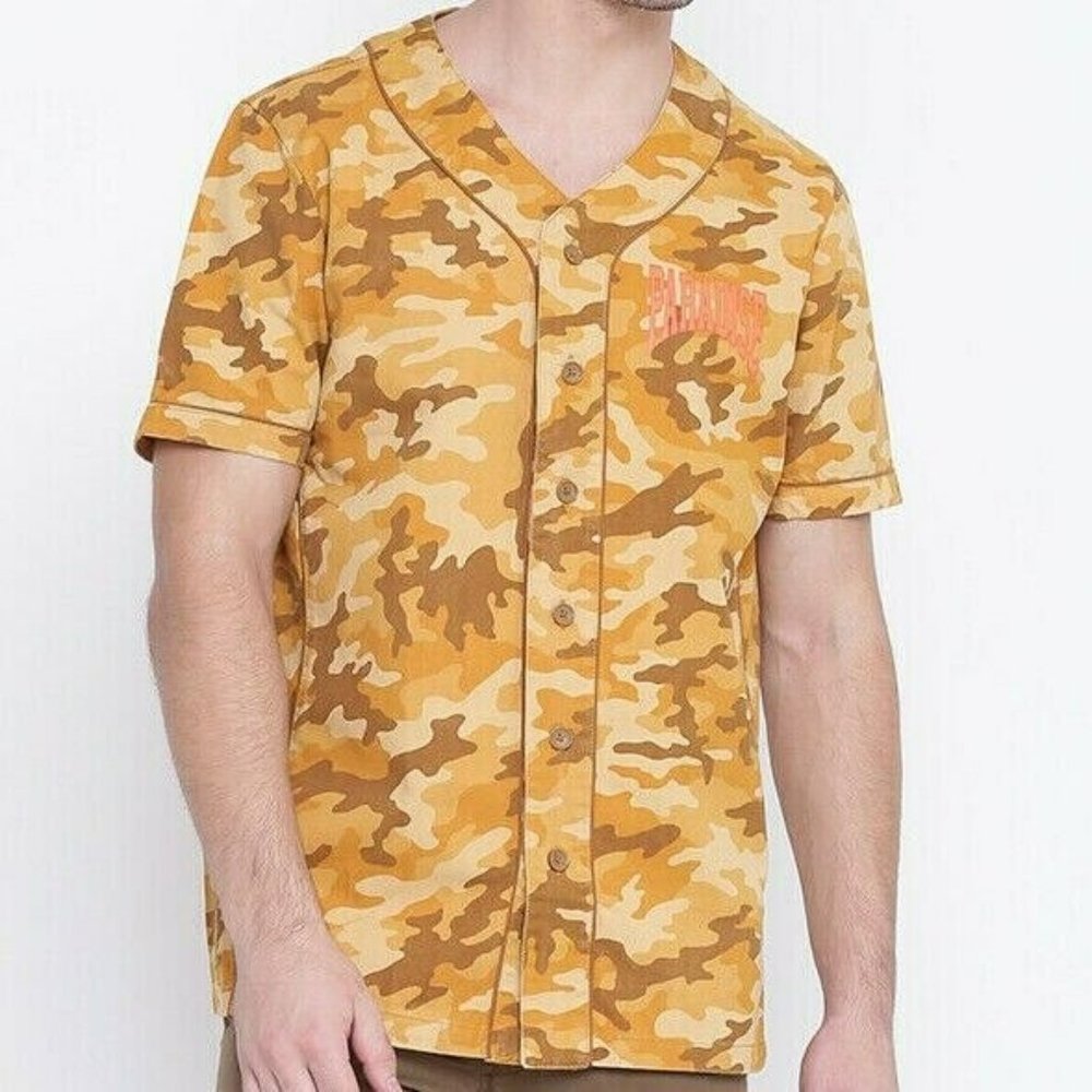 FOREVER 21 Mens M Mustard Yellow Brown Camouflage Print Denim Short Sleeve Shirt